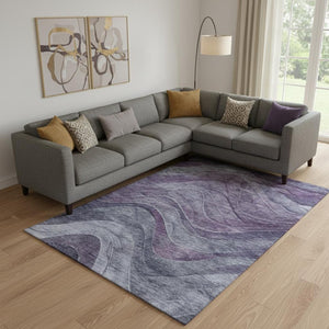HomeRoots 9' Modern Abstract Purple Gray Silver Area Rug - Washable, UV Protected, Durable for High-Traffic Homes 697607