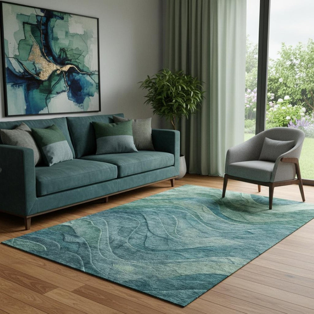 HomeRoots 5' X 8' Teal And Green Abstract Area Rug - Stylish, Washable, UV-Protected for High-Traffic Spaces 697610