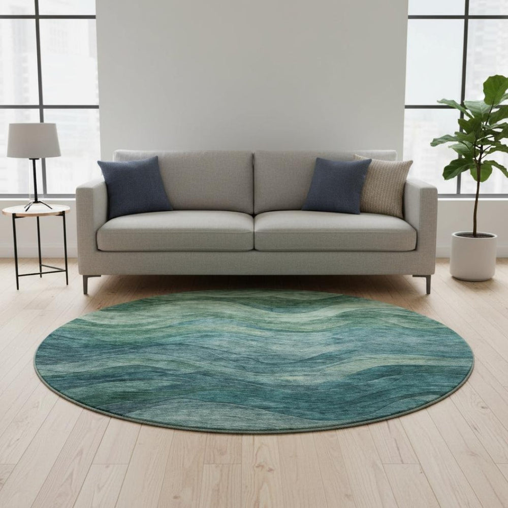 HomeRoots 8' Teal and Green Abstract Round Rug - Washable, UV-Protected, Durable Design for Modern Spaces 697611