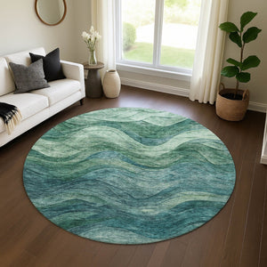 HomeRoots 8' Teal and Green Abstract Round Rug - Washable, UV-Protected, Durable Design for Modern Spaces 697611