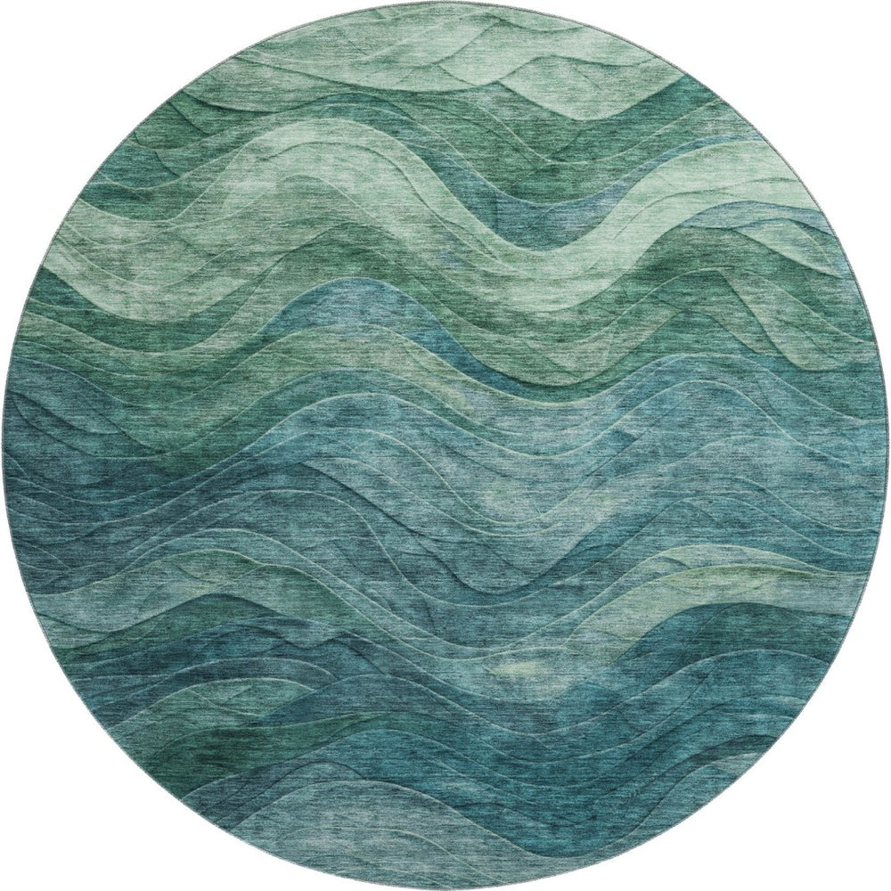 HomeRoots 8' Teal and Green Abstract Round Rug - Washable, UV-Protected, Durable Design for Modern Spaces 697611