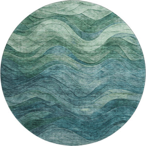 HomeRoots 8' Teal and Green Abstract Round Rug - Washable, UV-Protected, Durable Design for Modern Spaces 697611
