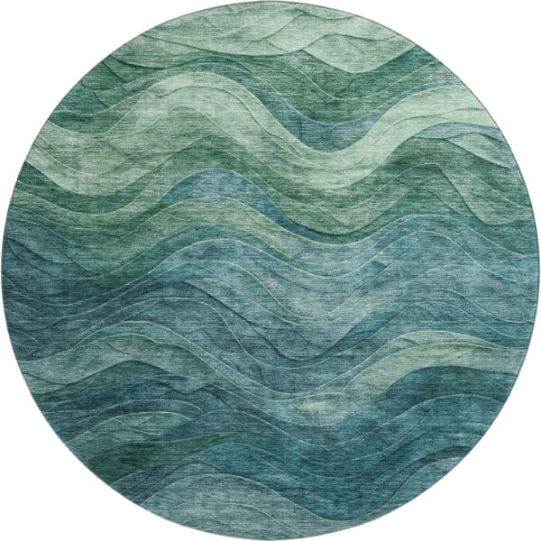 HomeRoots 8' Teal and Green Abstract Round Rug - Washable, UV-Protected, Durable Design for Modern Spaces 697611