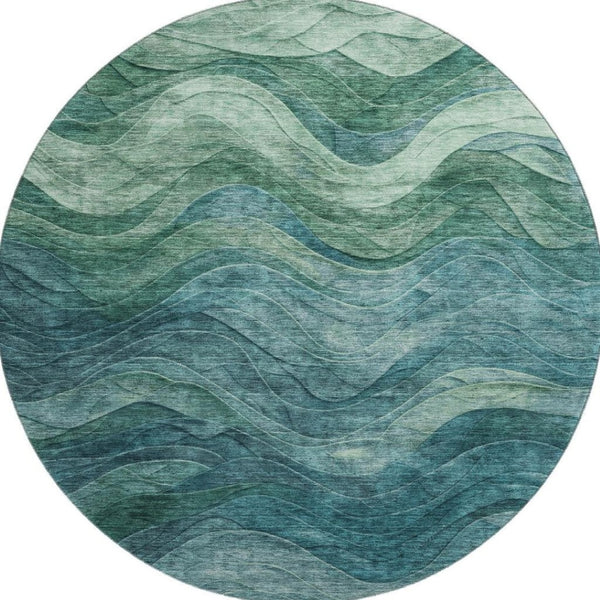 HomeRoots 8' Teal and Green Abstract Round Rug - Washable, UV-Protected, Durable Design for Modern Spaces 697611