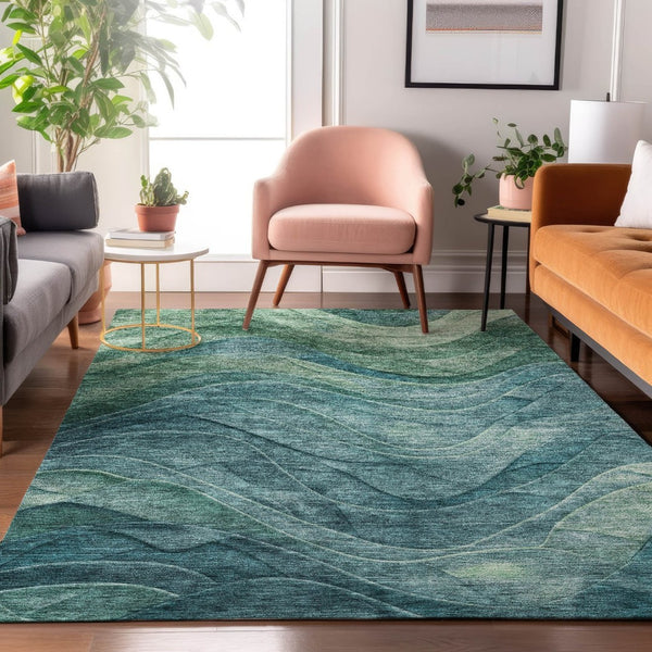 HomeRoots 9' X 12' Teal and Green Abstract Area Rug - Washable, UV Protected, Ideal for High-Traffic Homes 697613