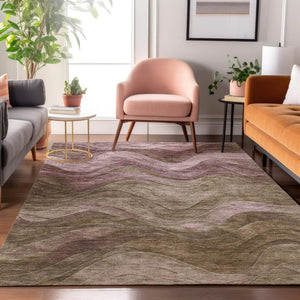 HomeRoots 5' X 8' Abstract Taupe Beige & Green Washable Area Rug – Durable, UV-Protected, Easy-Care Design! 697616