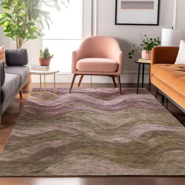 HomeRoots 5' X 8' Abstract Taupe Beige & Green Washable Area Rug – Durable, UV-Protected, Easy-Care Design! 697616