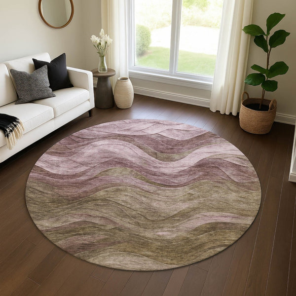 HomeRoots 8' Exquisite Taupe Beige and Green Abstract Washable Round Rug with UV Protection for Every Home 697617