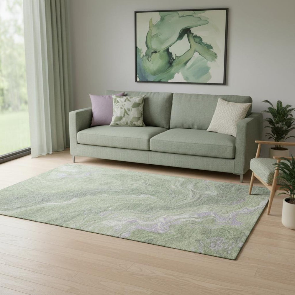 HomeRoots 5' X 8' Abstract Washable Area Rug in Artichoke Green, Lavender & Ivory - Durable, UV-Protected Design 697622