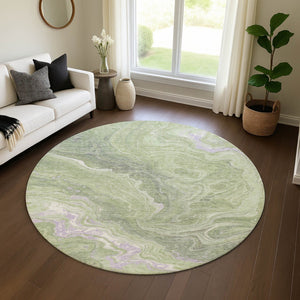 HomeRoots 8' Artichoke Green Lavender Abstract Round Rug - Stylish, Washable, UV-Protected for Any Space 697623