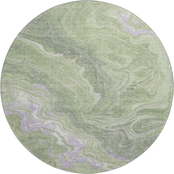 HomeRoots 8' Artichoke Green Lavender Abstract Round Rug - Stylish, Washable, UV-Protected for Any Space 697623