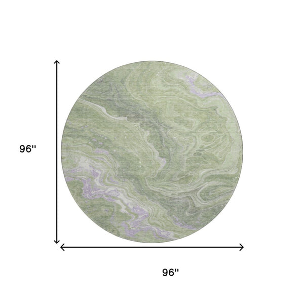 HomeRoots 8' Artichoke Green Lavender Abstract Round Rug - Stylish, Washable, UV-Protected for Any Space 697623