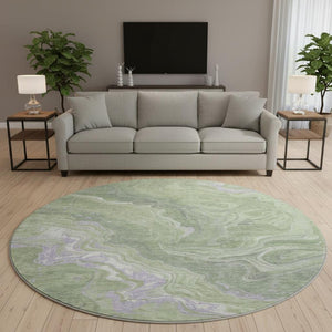 HomeRoots 8' Artichoke Green Lavender Abstract Round Rug - Stylish, Washable, UV-Protected for Any Space 697623