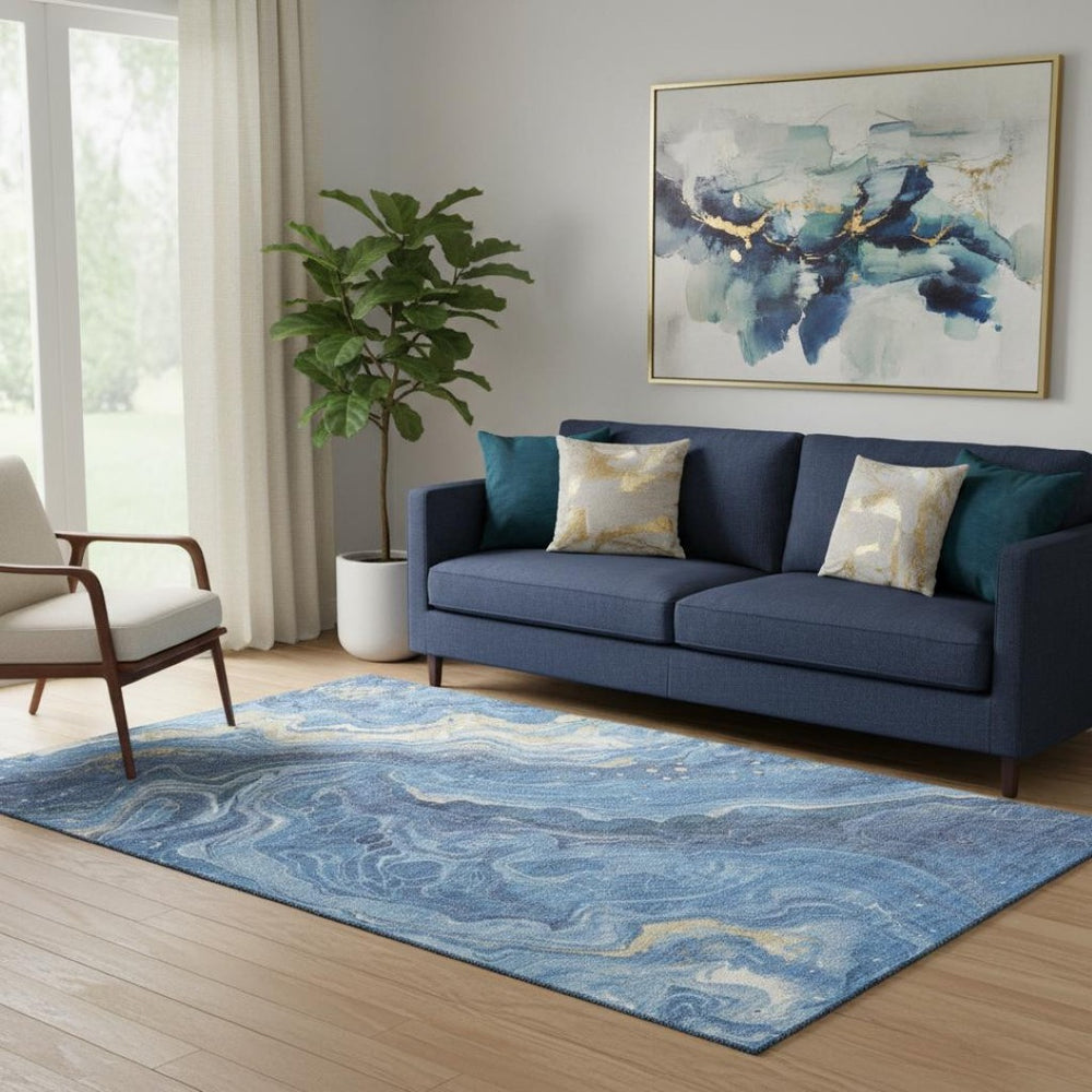HomeRoots 5' X 8' Blue, Gold, Ivory Abstract Area Rug – Durable, Washable, UV-Protected for High-Traffic Spaces 697628
