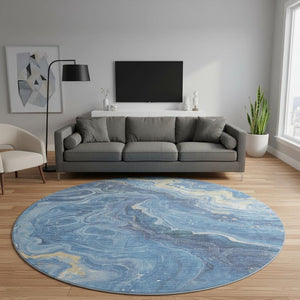 HomeRoots 8' Blue Gold And Ivory Abstract Washable Round Rug – Stylish UV-Protected, Durable, Easy-Care Design! 697629