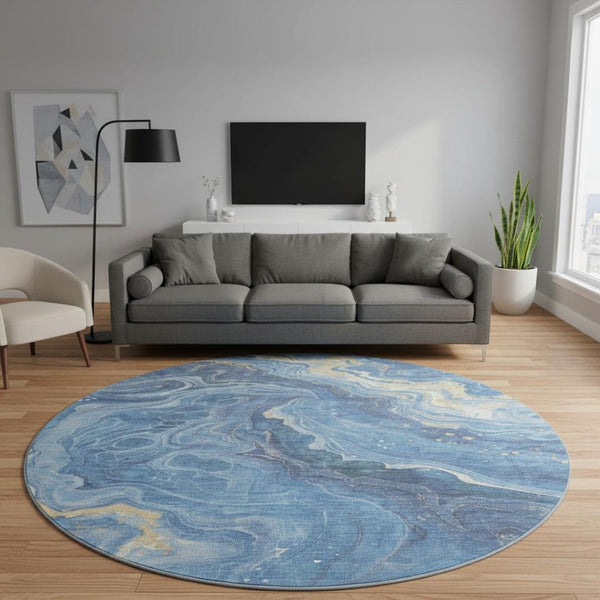 HomeRoots 8' Blue Gold And Ivory Abstract Washable Round Rug – Stylish UV-Protected, Durable, Easy-Care Design! 697629