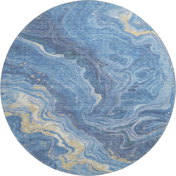 HomeRoots 8' Blue Gold And Ivory Abstract Washable Round Rug – Stylish UV-Protected, Durable, Easy-Care Design! 697629