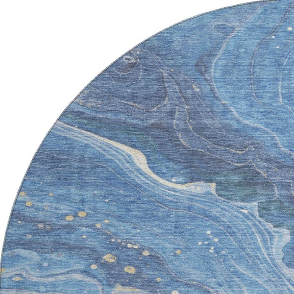 HomeRoots 8' Blue Gold And Ivory Abstract Washable Round Rug – Stylish UV-Protected, Durable, Easy-Care Design! 697629