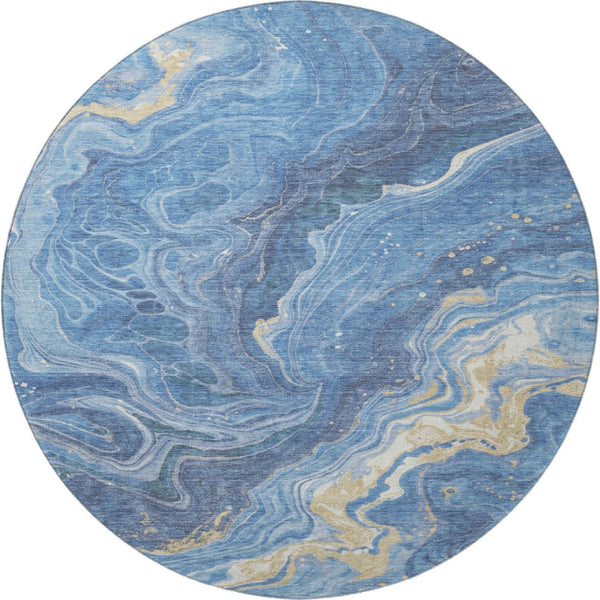 HomeRoots 8' Blue Gold And Ivory Abstract Washable Round Rug – Stylish UV-Protected, Durable, Easy-Care Design! 697629