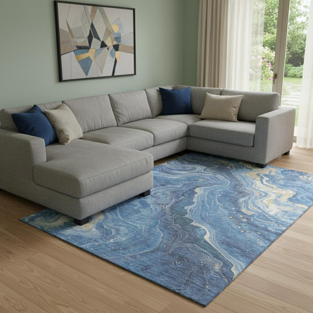 HomeRoots 8' X 10' Washable Abstract Area Rug in Blue, Gold & Ivory – UV Protected, Kid & Pet Friendly Design 697630