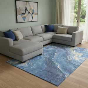 HomeRoots 8' X 10' Washable Abstract Area Rug in Blue, Gold & Ivory – UV Protected, Kid & Pet Friendly Design 697630