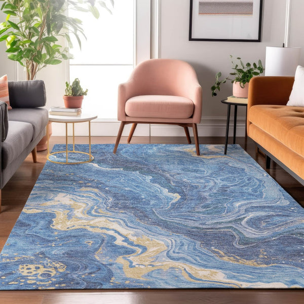 HomeRoots 8' X 10' Washable Abstract Area Rug in Blue, Gold & Ivory – UV Protected, Kid & Pet Friendly Design 697630