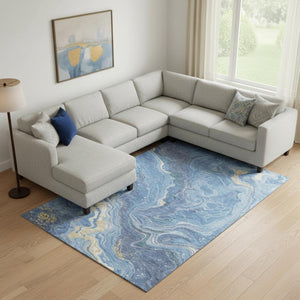 HomeRoots 9' X 12' Blue Gold Ivory Abstract Washable Area Rug - UV Resistant, Pet-Friendly & Low Maintenance 697631