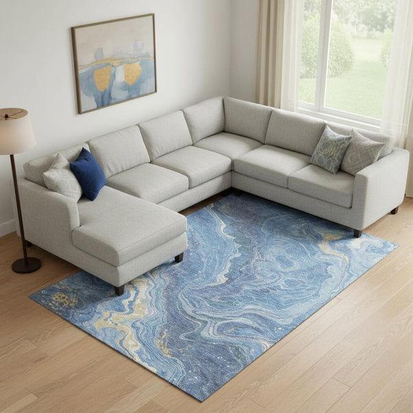 HomeRoots 9' X 12' Blue Gold Ivory Abstract Washable Area Rug - UV Resistant, Pet-Friendly & Low Maintenance 697631