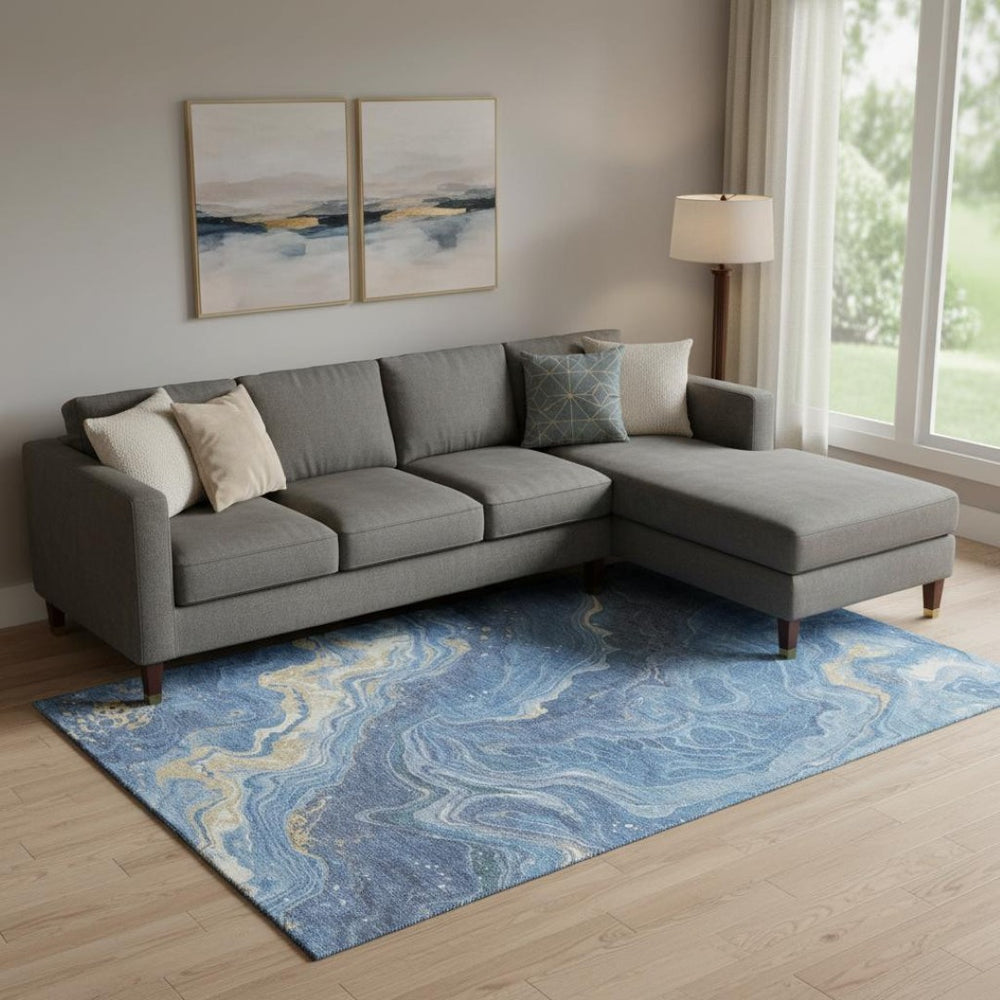 HomeRoots 10' X 14' Blue Gold Ivory Abstract Area Rug - Stylish, Washable, UV-Protected for Homes with Kids & Pets 697632
