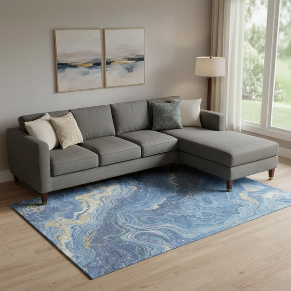 HomeRoots 10' X 14' Blue Gold Ivory Abstract Area Rug - Stylish, Washable, UV-Protected for Homes with Kids & Pets 697632