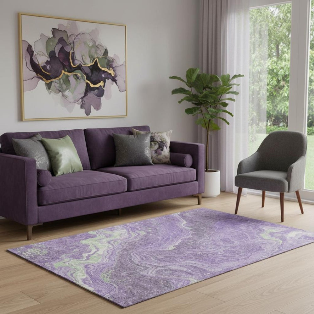 HomeRoots 5' X 8' Stylish Purple Mint Green & Ivory Abstract Washable Area Rug with Non-Slip & UV Protection 697634
