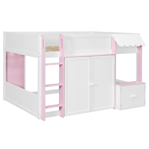 English Elm Twin House Loft Bed with Pull Out Rolling Desk Stair Drawers and Cabinet Storage N820S00074H