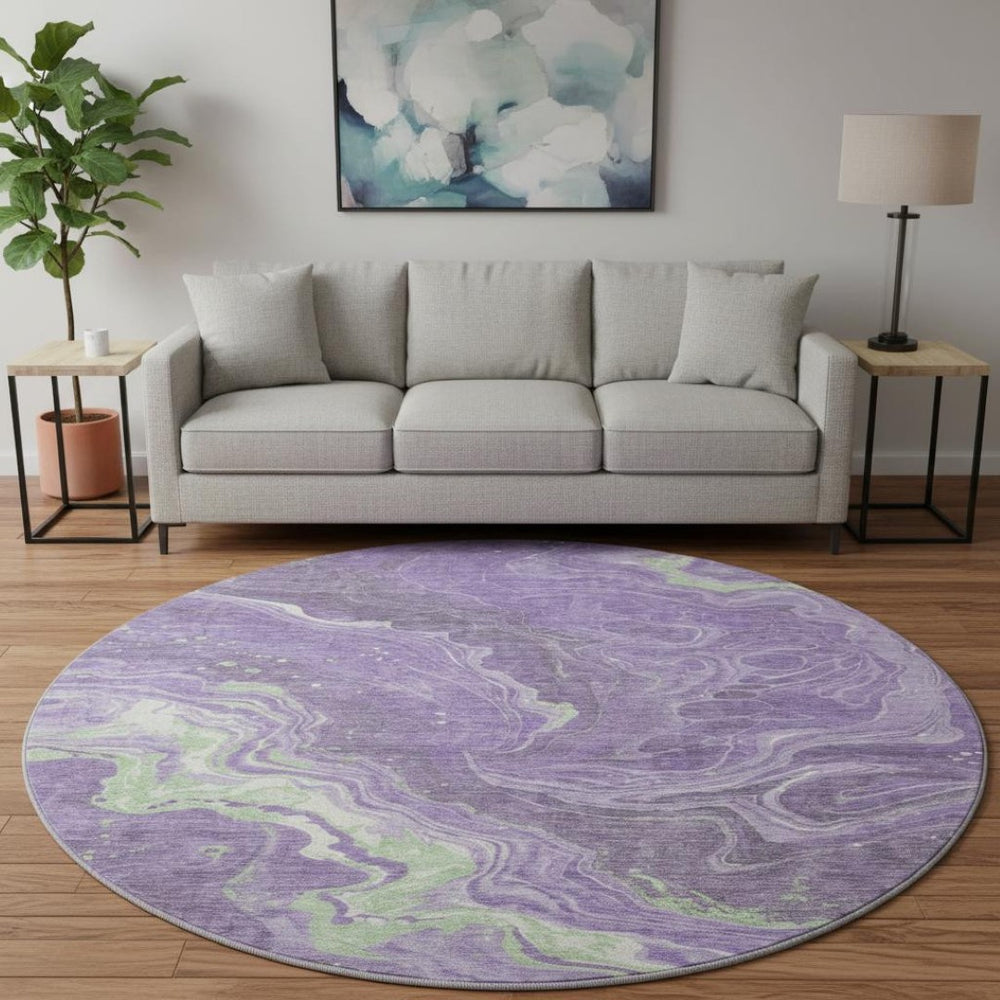 HomeRoots 8' Abstract Round Rug in Purple, Mint Green & Ivory - Washable, UV-Protected, Modern Design for Any Space 697635