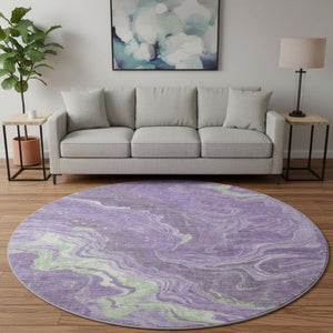 HomeRoots 8' Abstract Round Rug in Purple, Mint Green & Ivory - Washable, UV-Protected, Modern Design for Any Space 697635