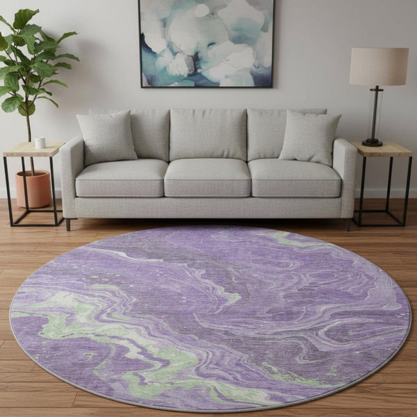 HomeRoots 8' Abstract Round Rug in Purple, Mint Green & Ivory - Washable, UV-Protected, Modern Design for Any Space 697635