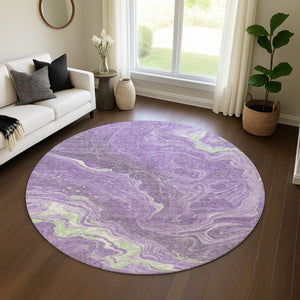 HomeRoots 8' Abstract Round Rug in Purple, Mint Green & Ivory - Washable, UV-Protected, Modern Design for Any Space 697635
