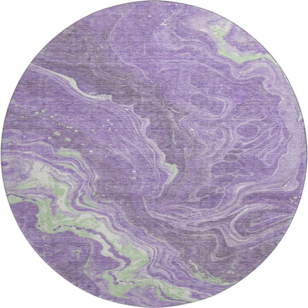 HomeRoots 8' Abstract Round Rug in Purple, Mint Green & Ivory - Washable, UV-Protected, Modern Design for Any Space 697635