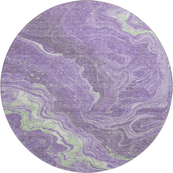 HomeRoots 8' Abstract Round Rug in Purple, Mint Green & Ivory - Washable, UV-Protected, Modern Design for Any Space 697635