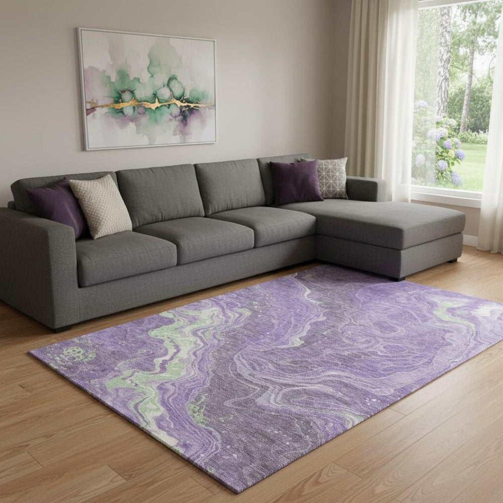 HomeRoots 8' X 10' Bold Abstract Area Rug in Purple, Mint Green & Ivory – Stain-Resistant & UV Protected! 697636