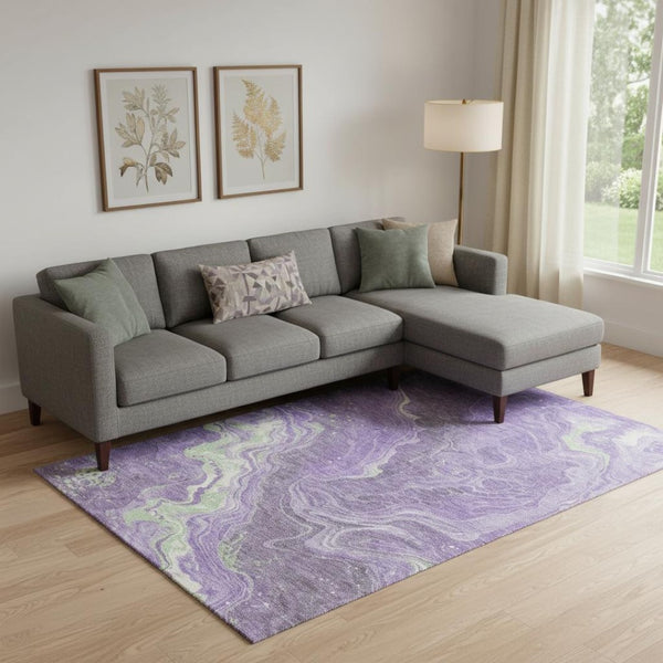 HomeRoots 9' X 12' Abstract Washable Area Rug in Purple Mint Green & Ivory - Durable, UV Protected, Modern Design 697637