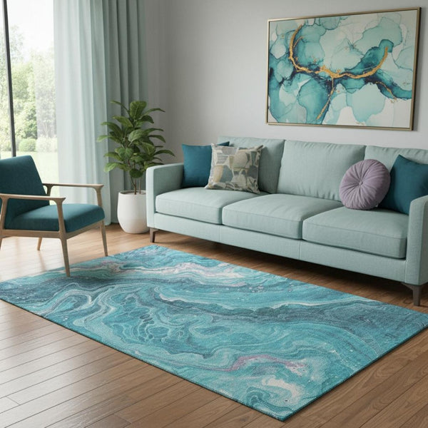 HomeRoots 5' X 8' Stylish Teal Gray Silver Abstract Washable Area Rug with UV Protection for Your Home 697640