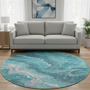 HomeRoots 8' Teal Gray and Silver Abstract Washable Round Area Rug with UV Protection for Modern Homes 697641