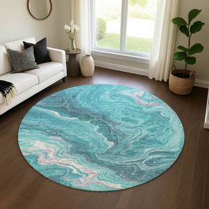 HomeRoots 8' Teal Gray and Silver Abstract Washable Round Area Rug with UV Protection for Modern Homes 697641