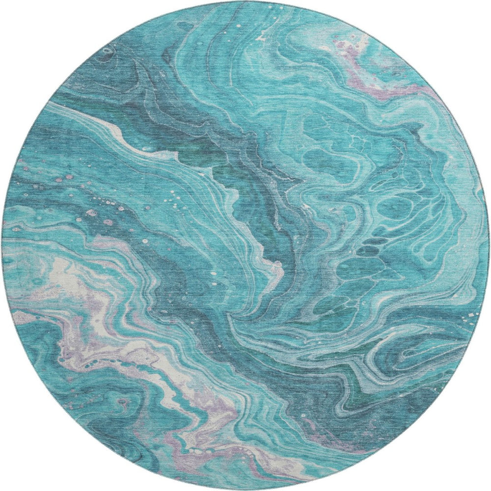 HomeRoots 8' Teal Gray and Silver Abstract Washable Round Area Rug with UV Protection for Modern Homes 697641