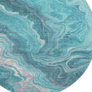 HomeRoots 8' Teal Gray and Silver Abstract Washable Round Area Rug with UV Protection for Modern Homes 697641
