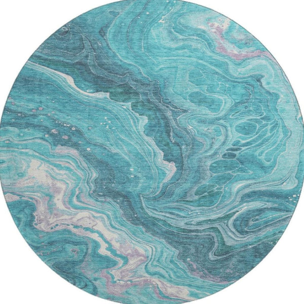 HomeRoots 8' Teal Gray and Silver Abstract Washable Round Area Rug with UV Protection for Modern Homes 697641