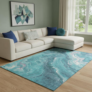 HomeRoots 8' X 10' Stylish Teal Gray and Silver Abstract Washable Area Rug with UV Protection for Busy Homes 697642