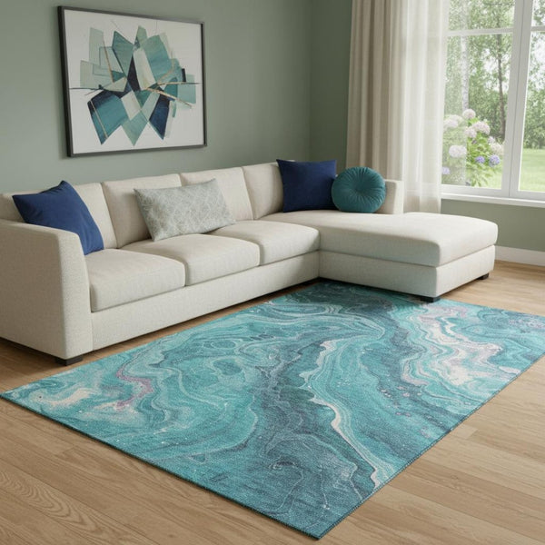 HomeRoots 8' X 10' Stylish Teal Gray and Silver Abstract Washable Area Rug with UV Protection for Busy Homes 697642