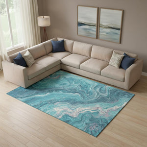 HomeRoots 9' X 12' Teal Gray Silver Abstract Area Rug - Washable, UV Protected, Durable & Stylish for Homes 697643