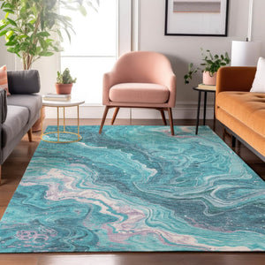HomeRoots 9' X 12' Teal Gray Silver Abstract Area Rug - Washable, UV Protected, Durable & Stylish for Homes 697643